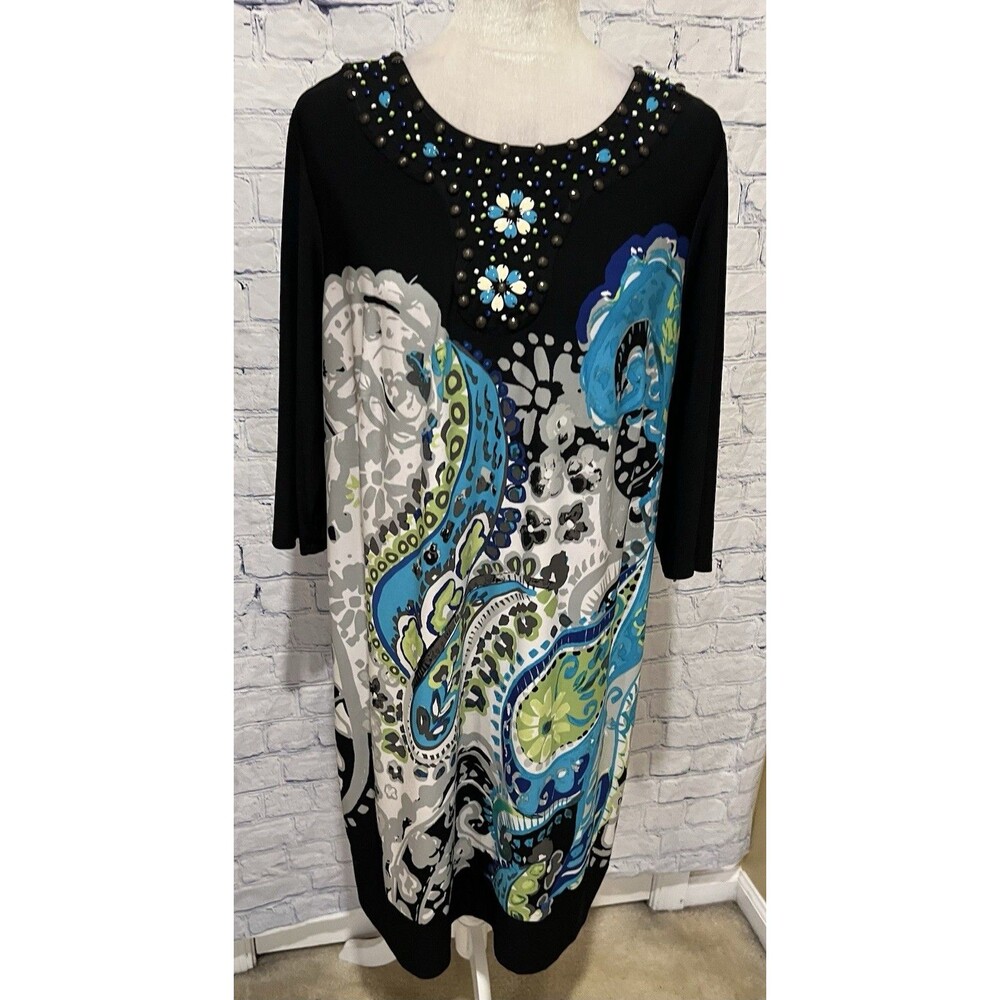 Sandra Darren Dress Women’s Black Aqua White Casual Sheath Over Beaded  Plus 14W